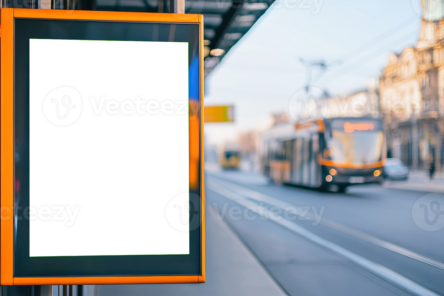 A blank black sign is on the side of a bus stop png