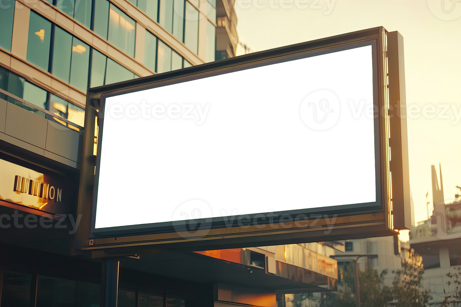 A blank billboard is shown in front of a building png