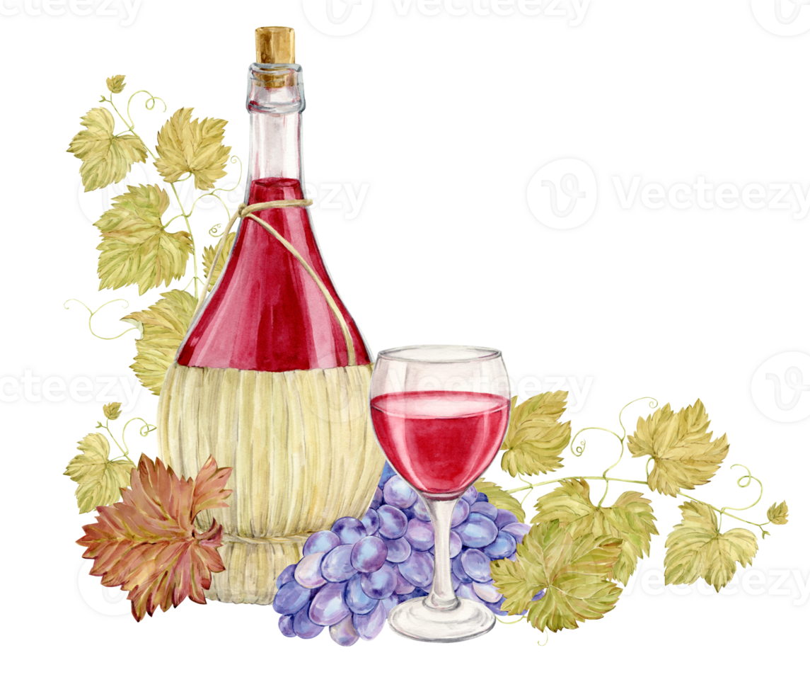Bottles of red wine in a wicker basket sealed with a cork. Watercolor illustration of a glass in basket woven from a straw rod. Clipart for wine tasting or wine list design. png