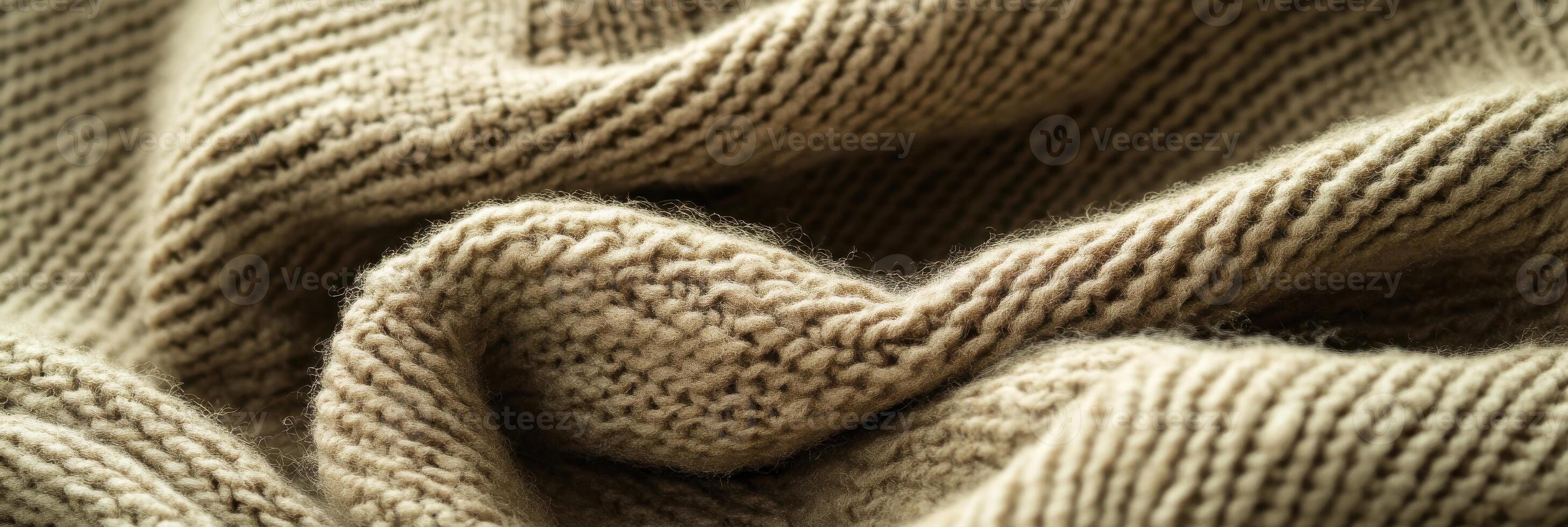 Close-up texture of soft beige knitted fabric with detailed patterns photo