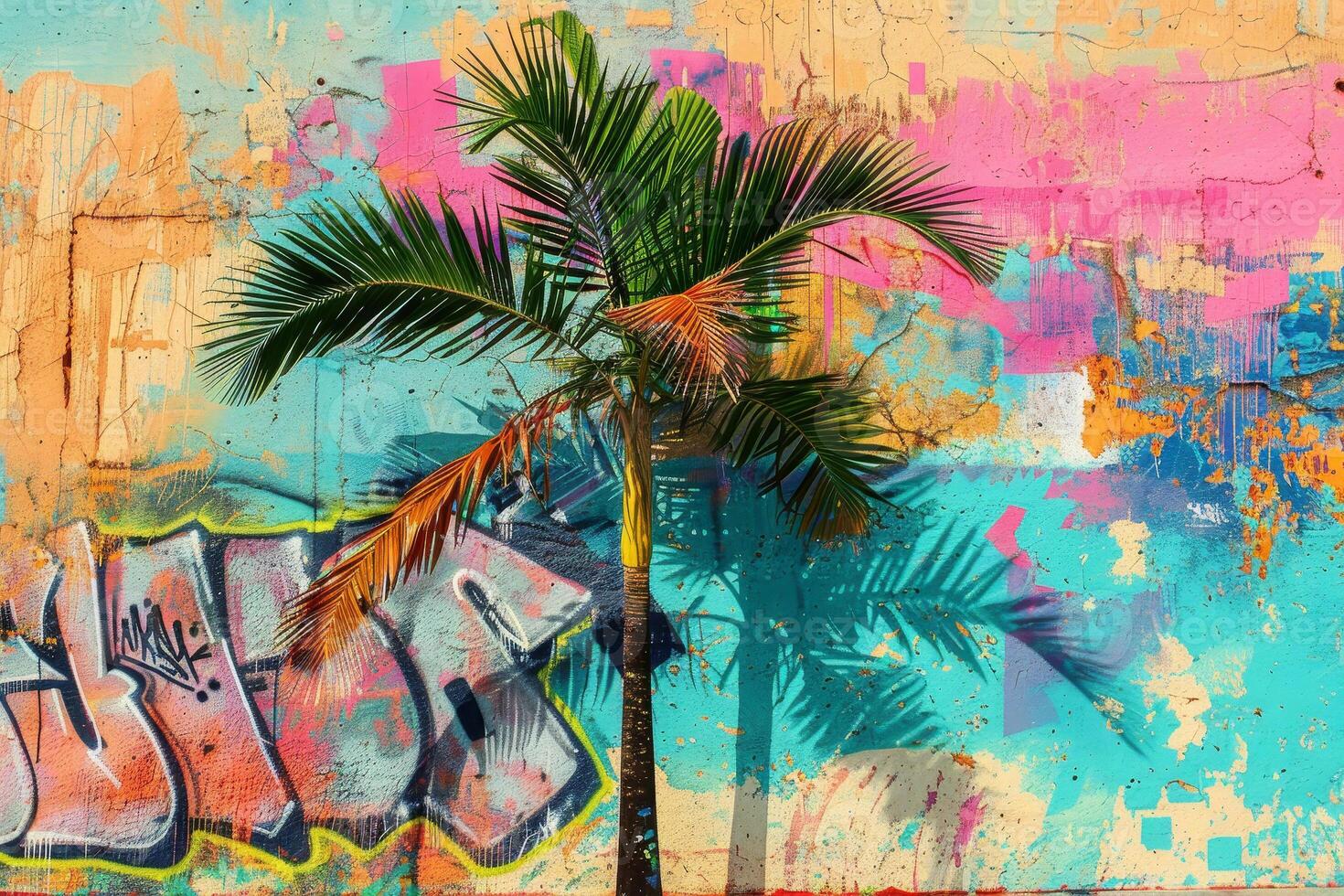 A palm tree is in front of a colorful wall photo