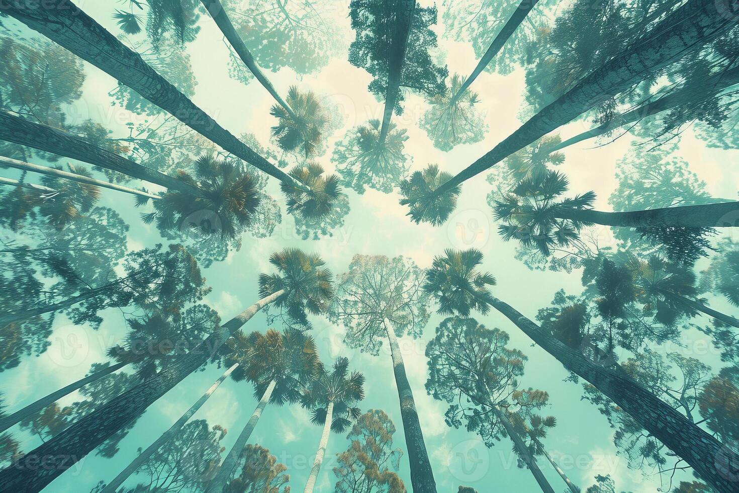 A view of tall trees in a forest photo