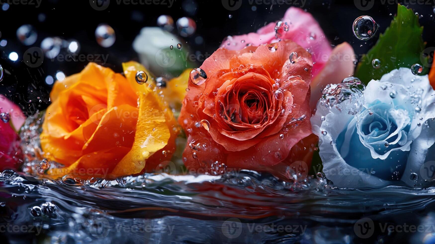 Colorful roses are splashing in water photo