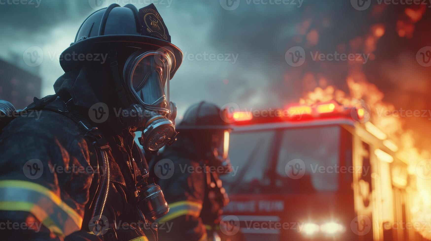 Two firefighters are standing in front of a burning building photo
