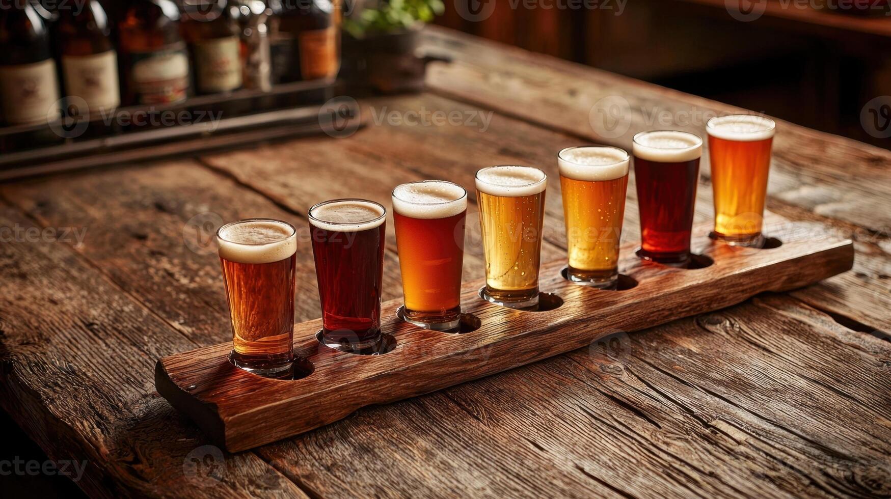 A wooden tray with six different types of beer photo