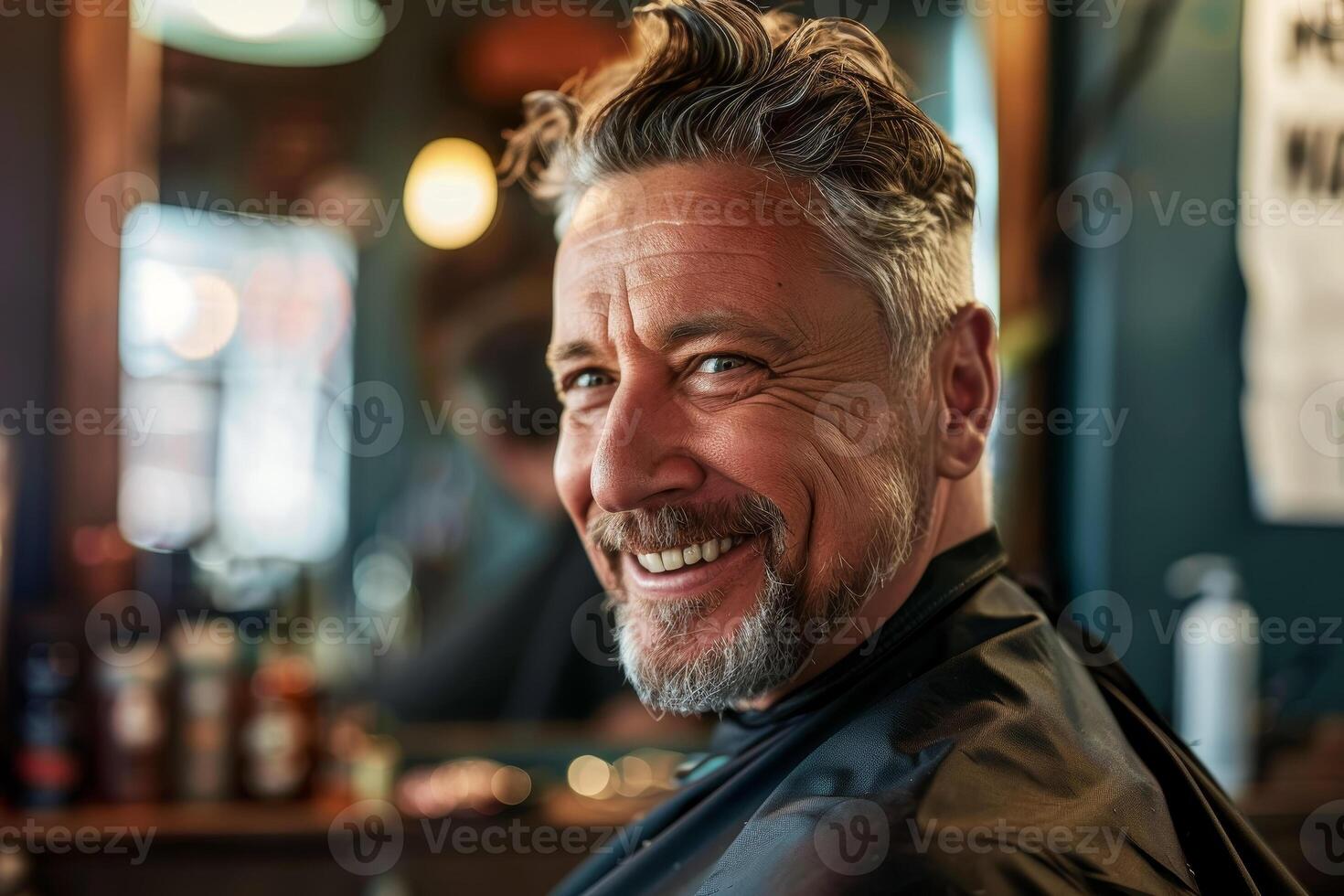 A man is smiling while sitting in a barber chair photo