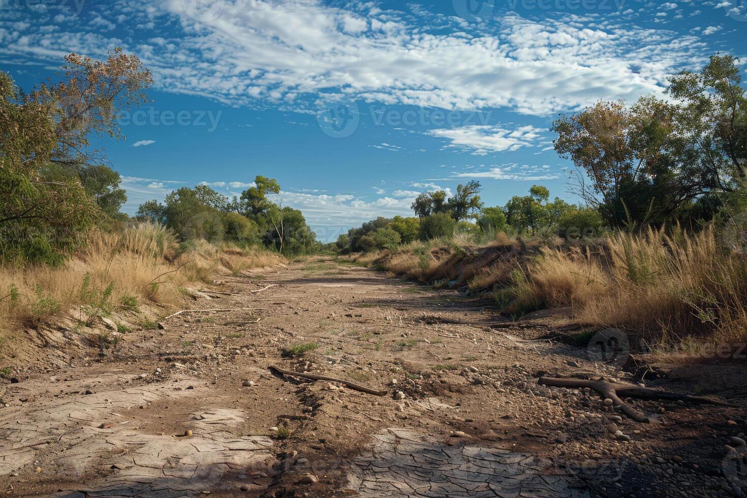 A dirt road with trees in the background photo