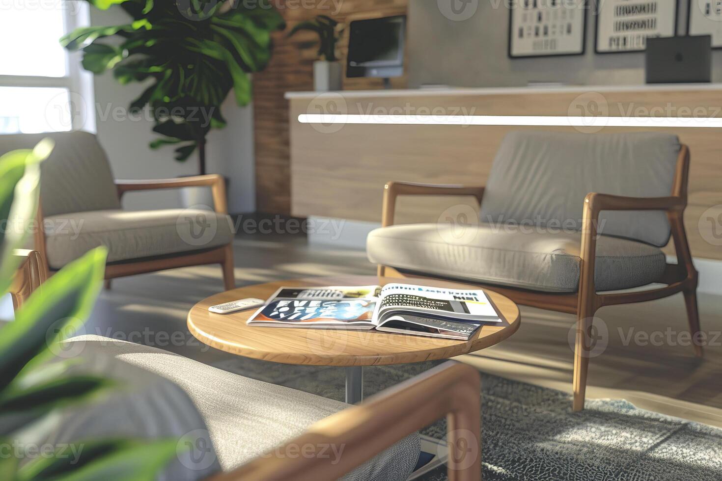 A modern office with a reception desk and chairs photo