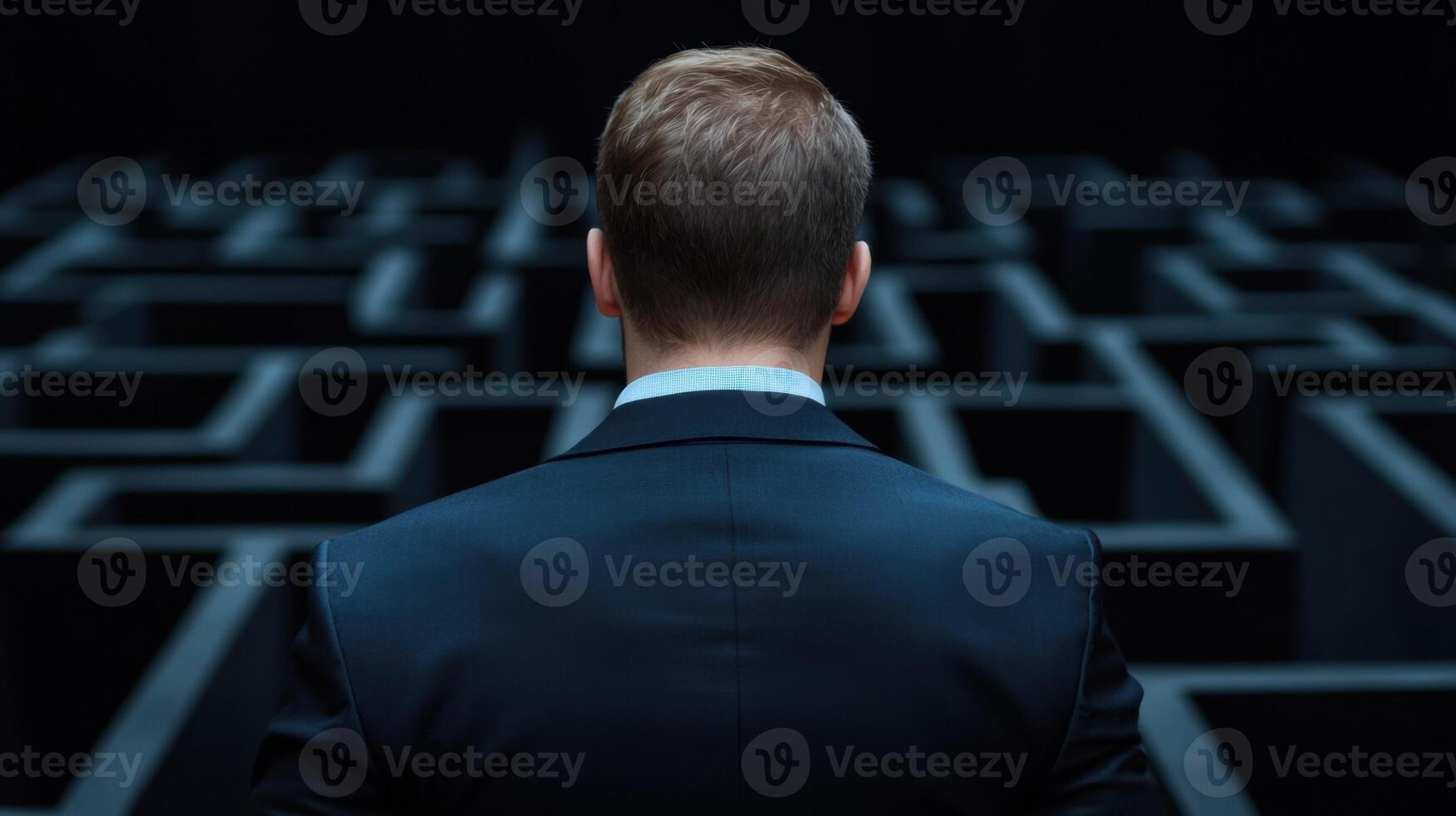 Businessman looking at maze in dark room photo