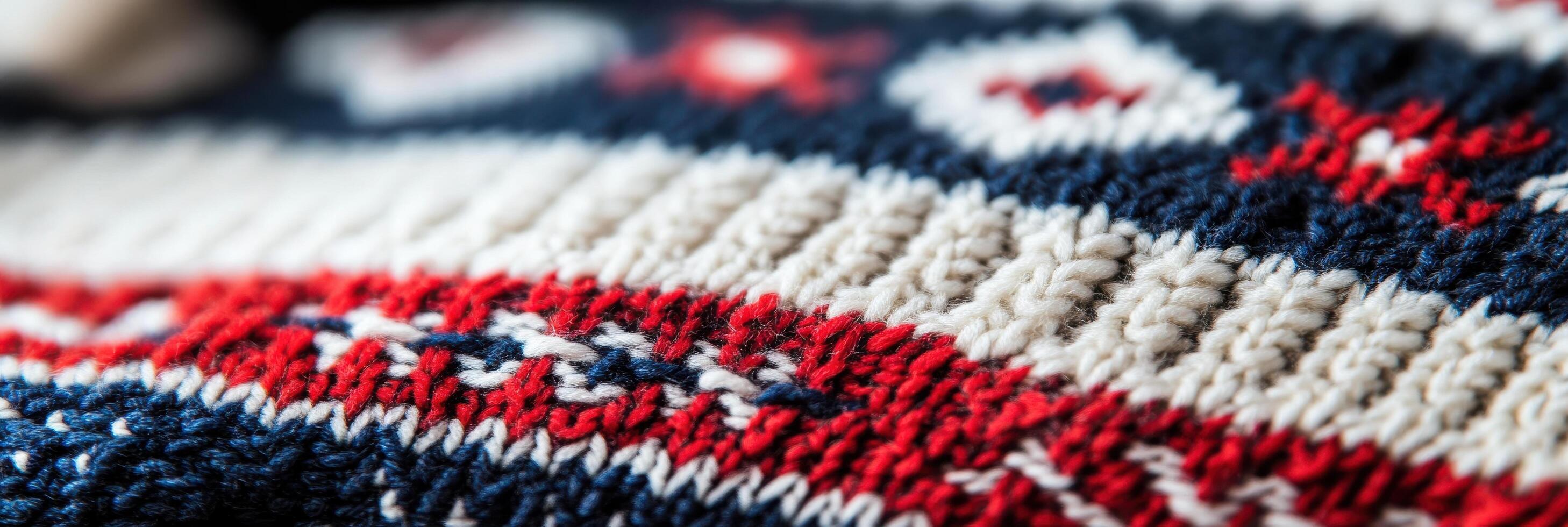 Close-up of red and blue knitted woolen fabric with traditional patterns photo