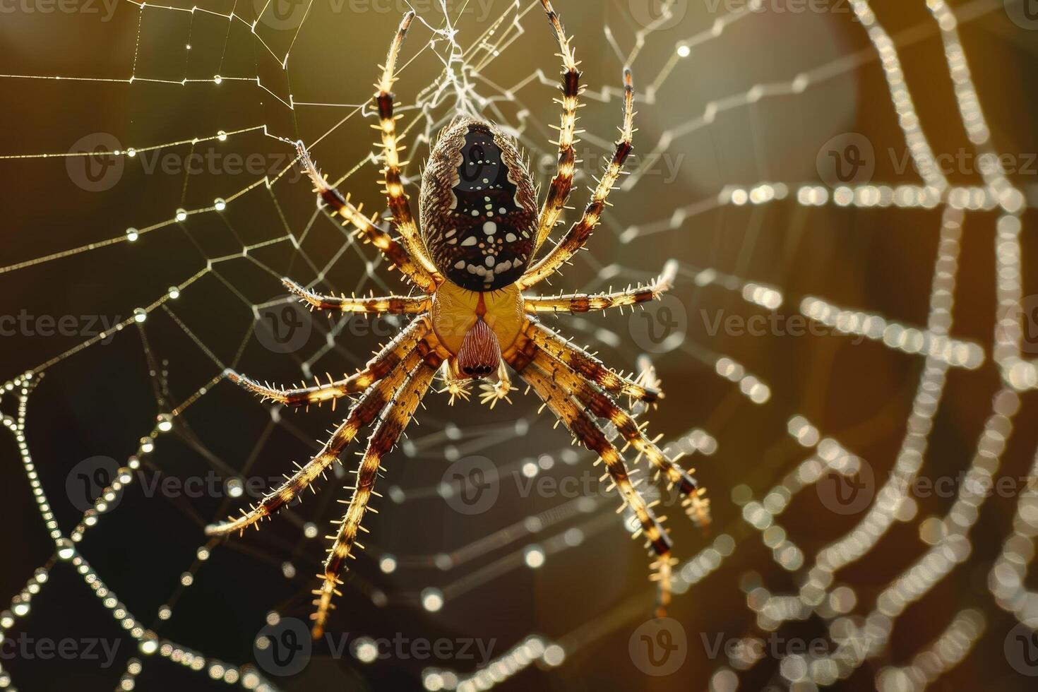 A spider sits on its web with dew drops on it photo