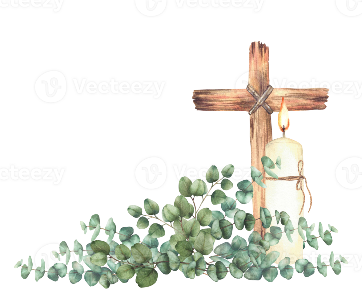 Burning candle with Cross tied with rope and Eucalyptus silver dollar plant green branches Religious Watercolor painted isolated from background illustration for first communion, Easter, wedding card png