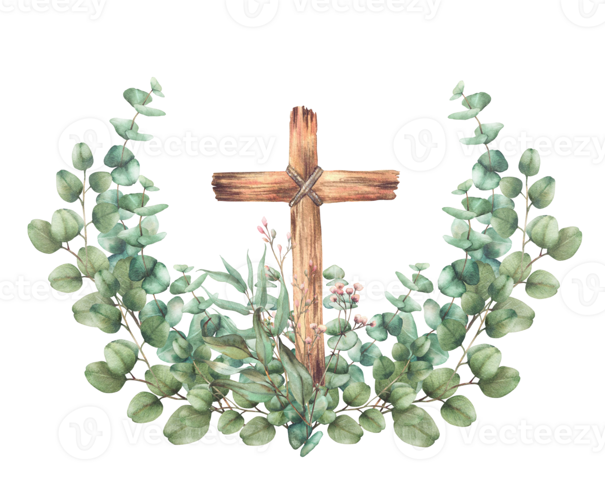 Wooden Cross tied with a rope with Eucalyptus plant green branches and pink flowers. Watercolor painted round composition isolated from background for first communion, baptism, Easter, wedding card. png