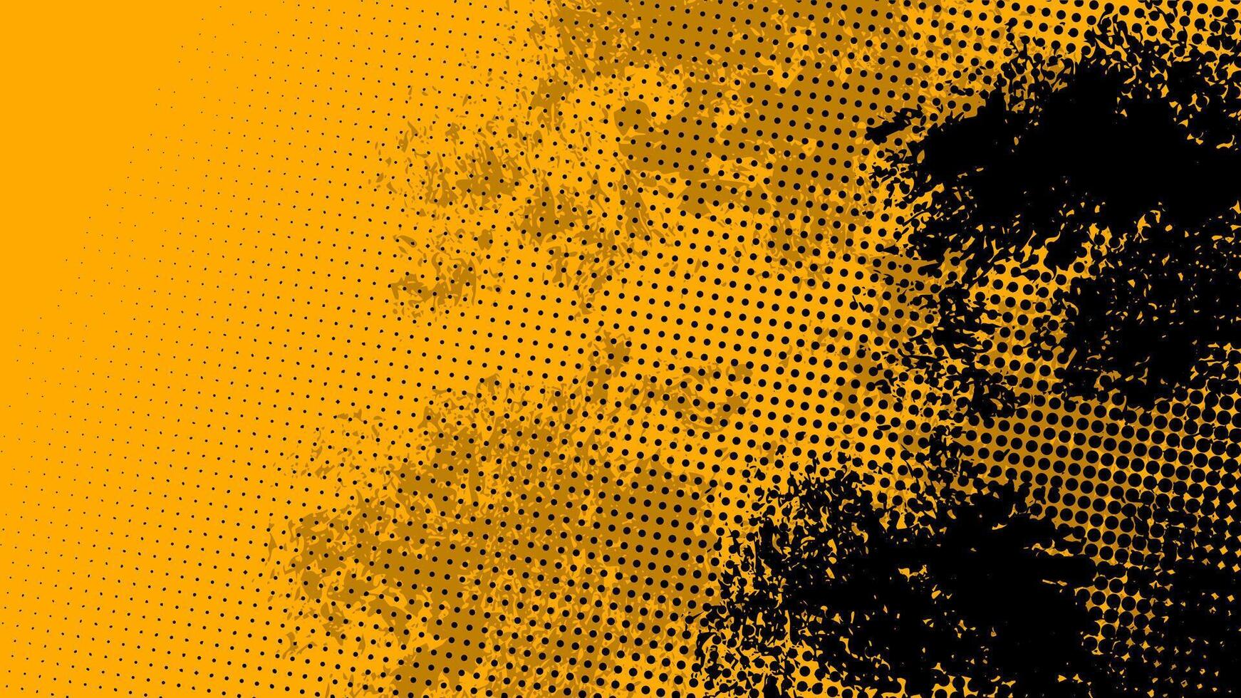 Abstract grunge yellow background with black stains and halftone dots. vector