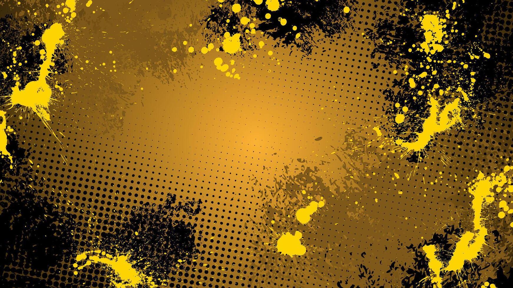 Dirty, messy, stained yellow and black grunge background with splashing paint drops. vector