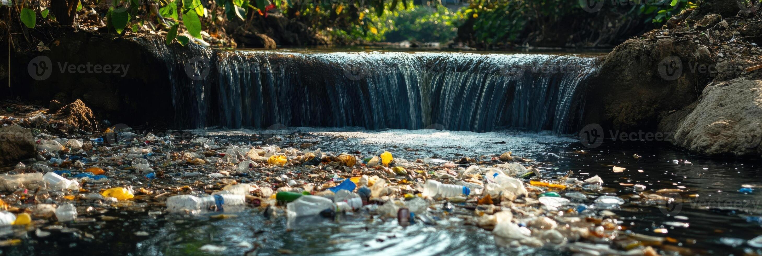 Polluted waterfall with accumulation of plastic waste and debris in natural environment photo