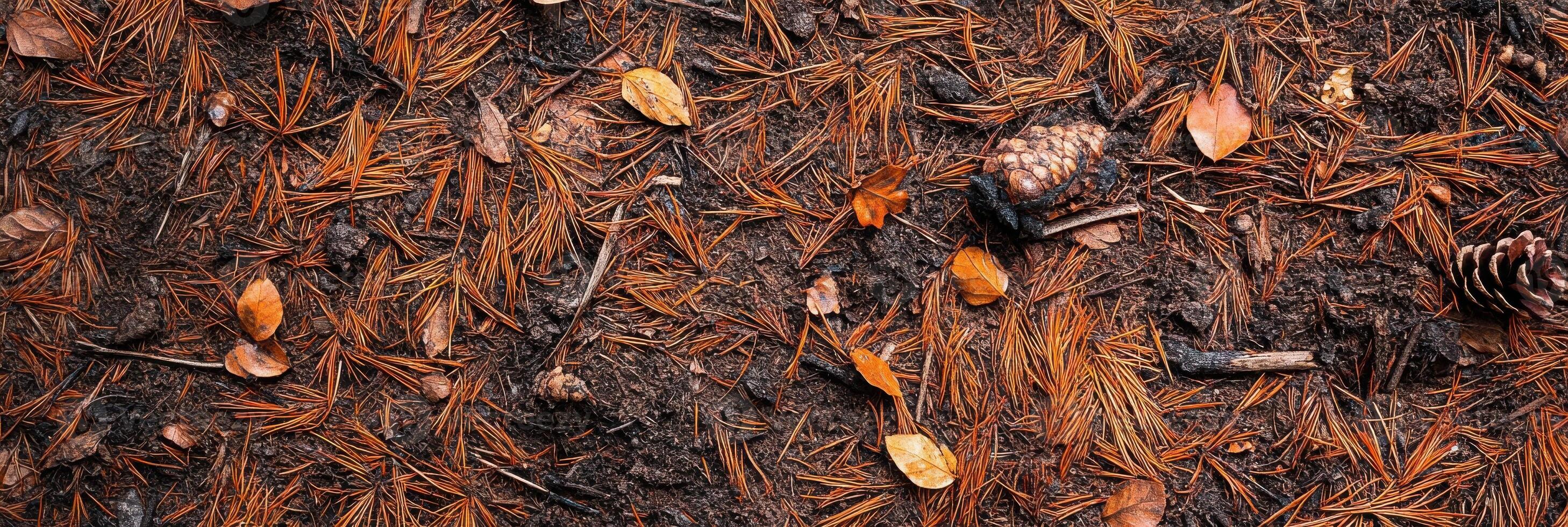 Forest floor covered with pine needles, leaves, and pine cones in autumn scene photo