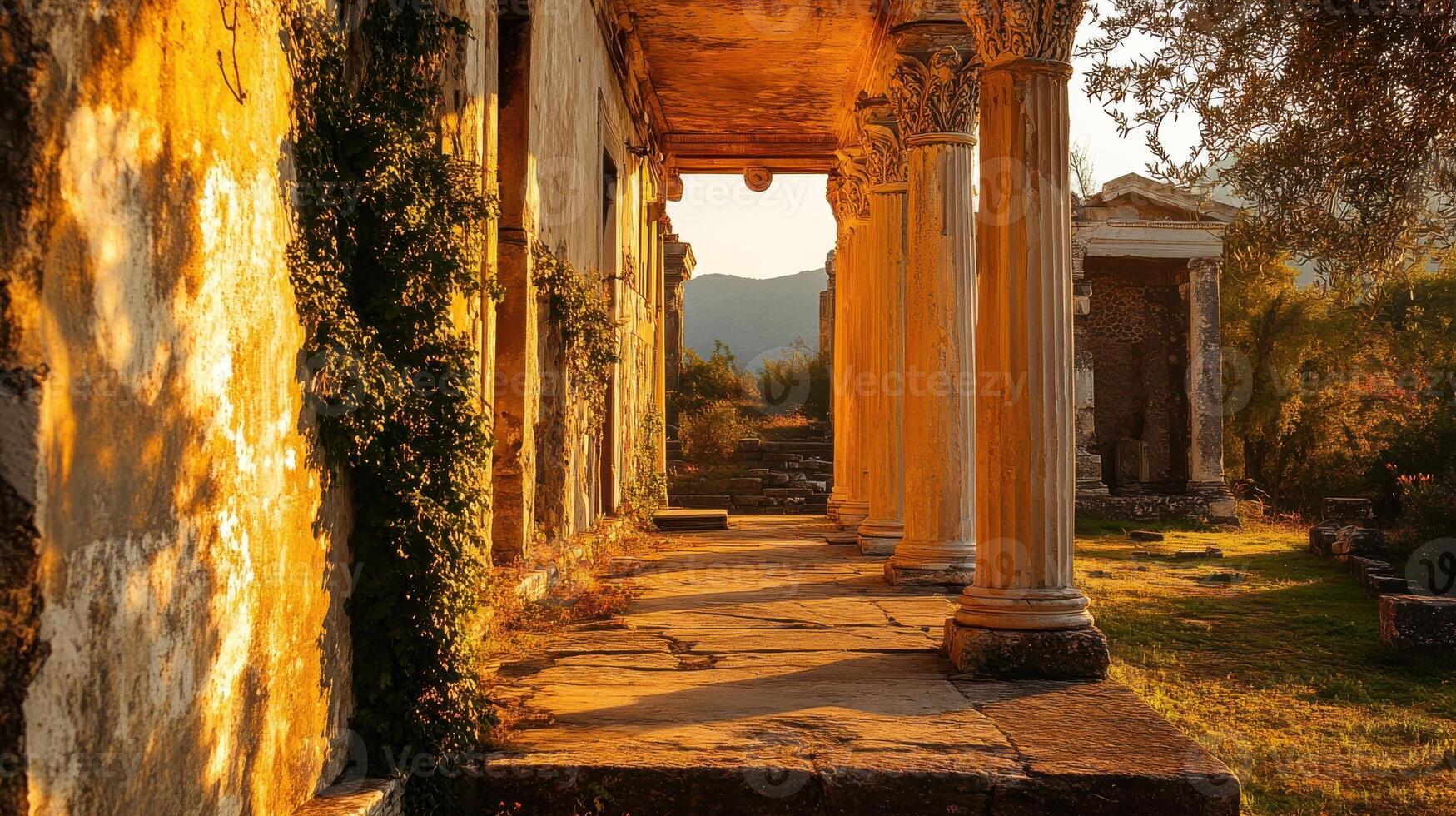 Ancient ruins with sunlit columns and overgrown ivy in a serene landscape photo
