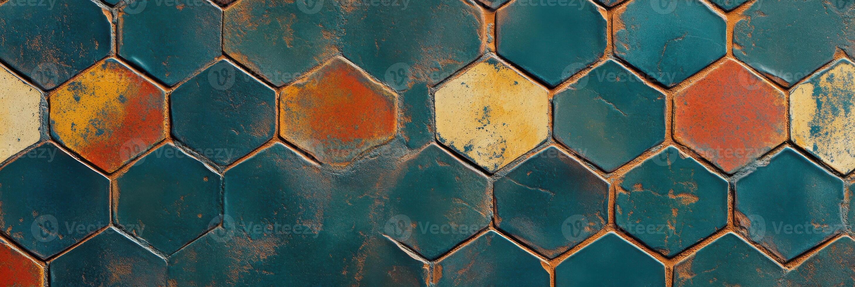 Close-up of colorful aged hexagonal tiles with rustic texture pattern photo