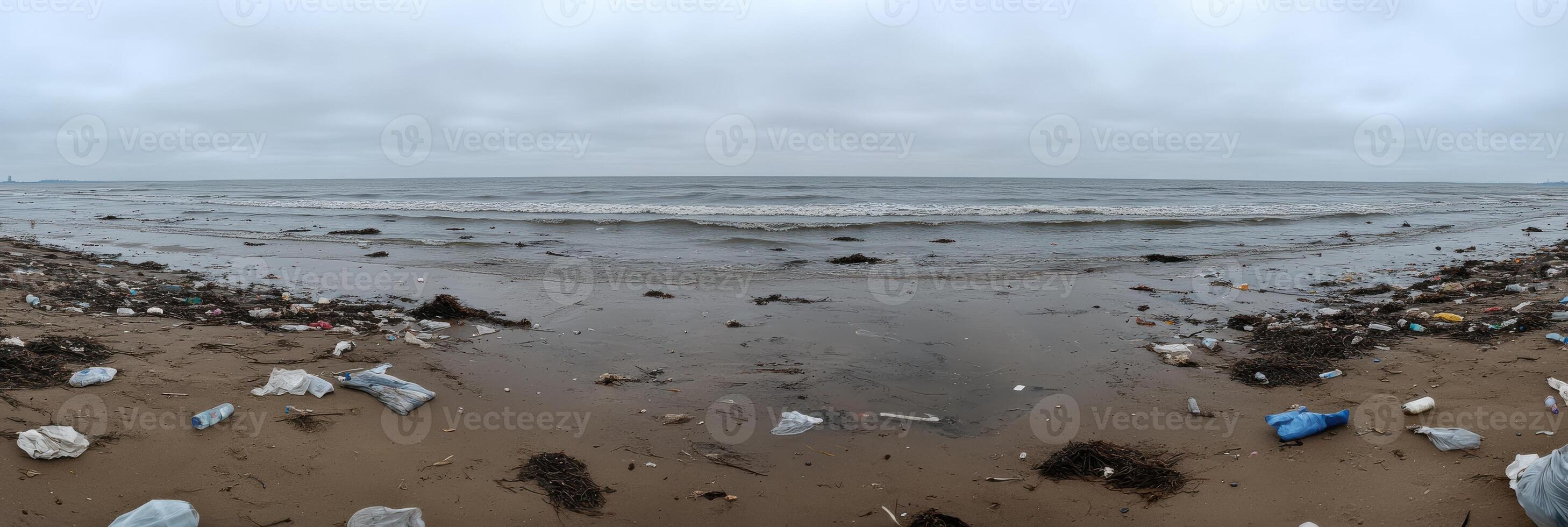 Polluted ocean shore with debris and plastic waste highlighting environmental issue photo