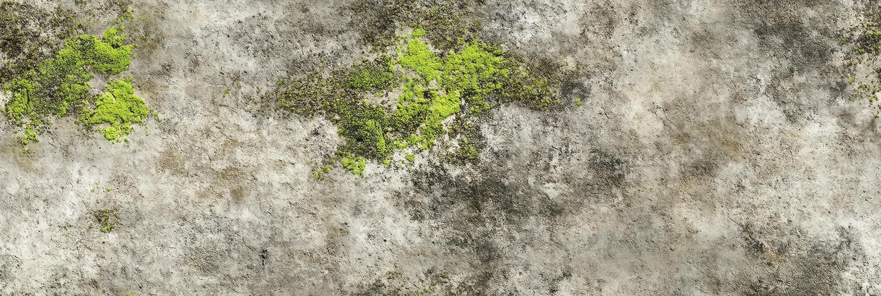 Weathered concrete wall with clusters of green moss for texture and background concept photo