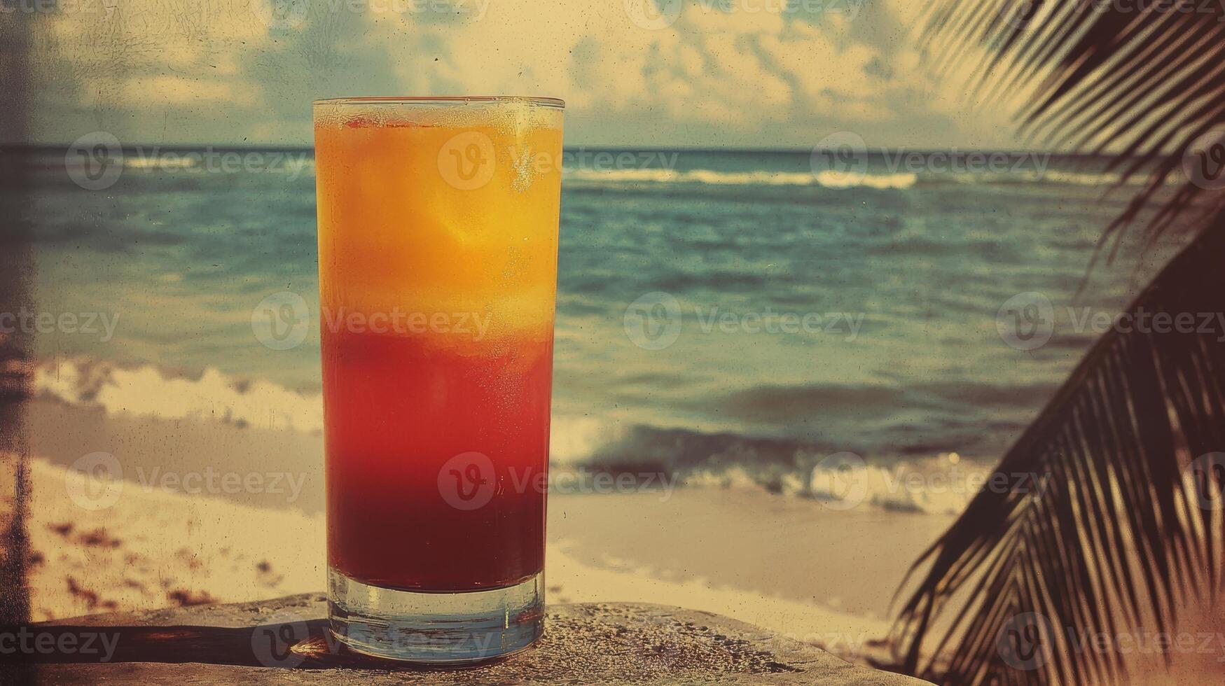 Tropical refreshment cocktail at serene ocean beachfront, palm tree in vintage retro style photo