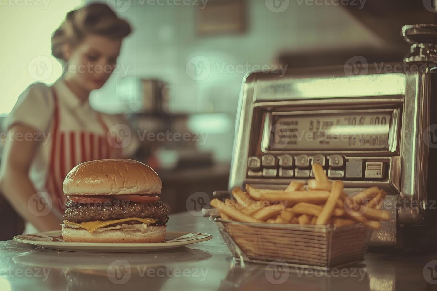Retro diner scene with burger and fries on countertop with waitress in background photo