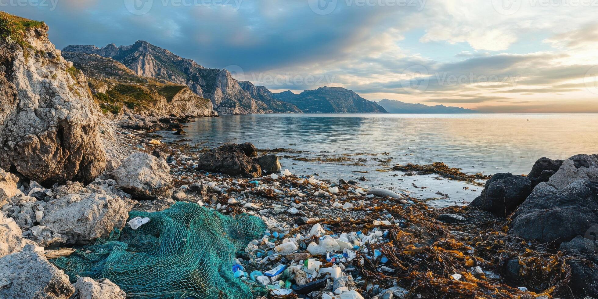 Coastal pollution with plastic waste on rocky mediterranean shoreline at sunset photo