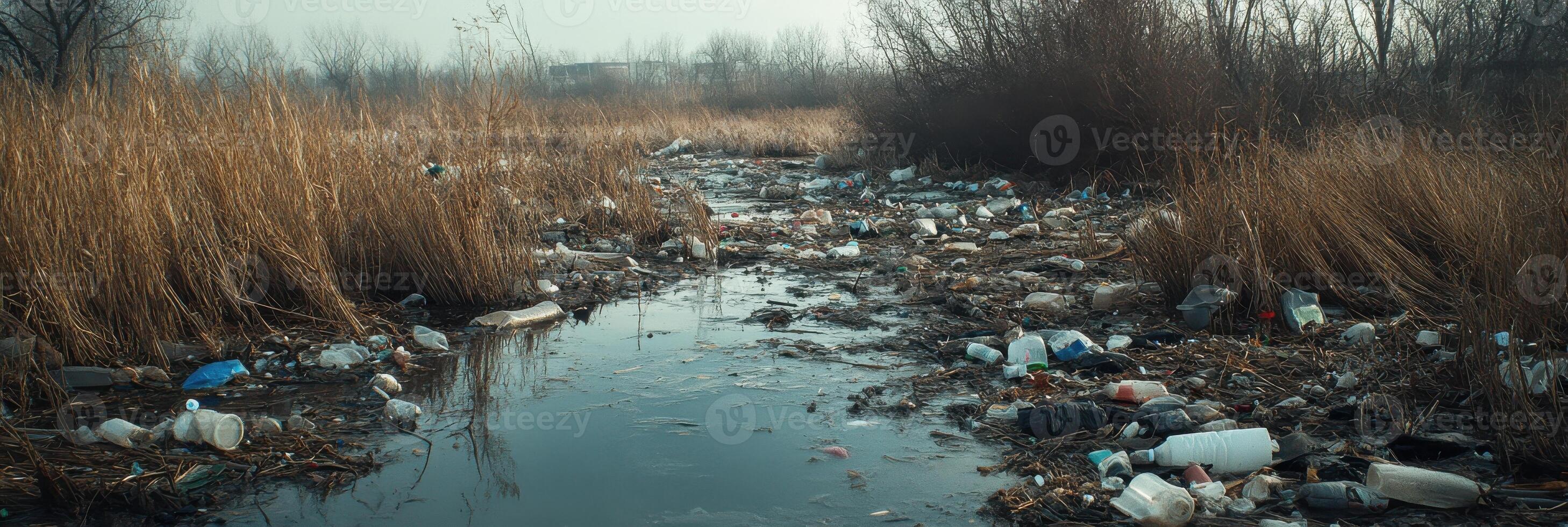 Polluted riverbank with plastic waste amidst dry reeds and overcast sky photo