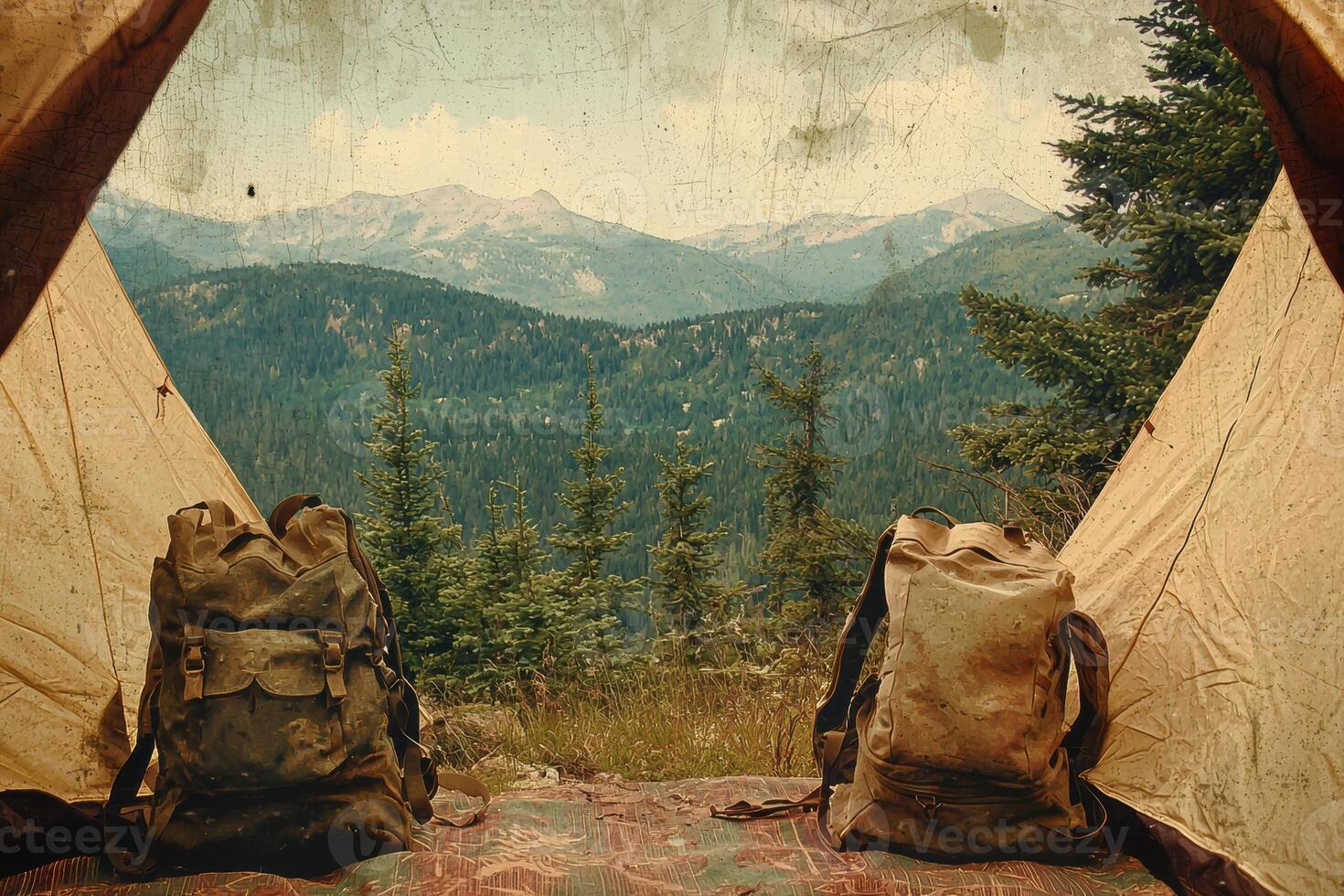 Camping adventure with backpacks overlooking mountain view from tent in vintage postcard style photo