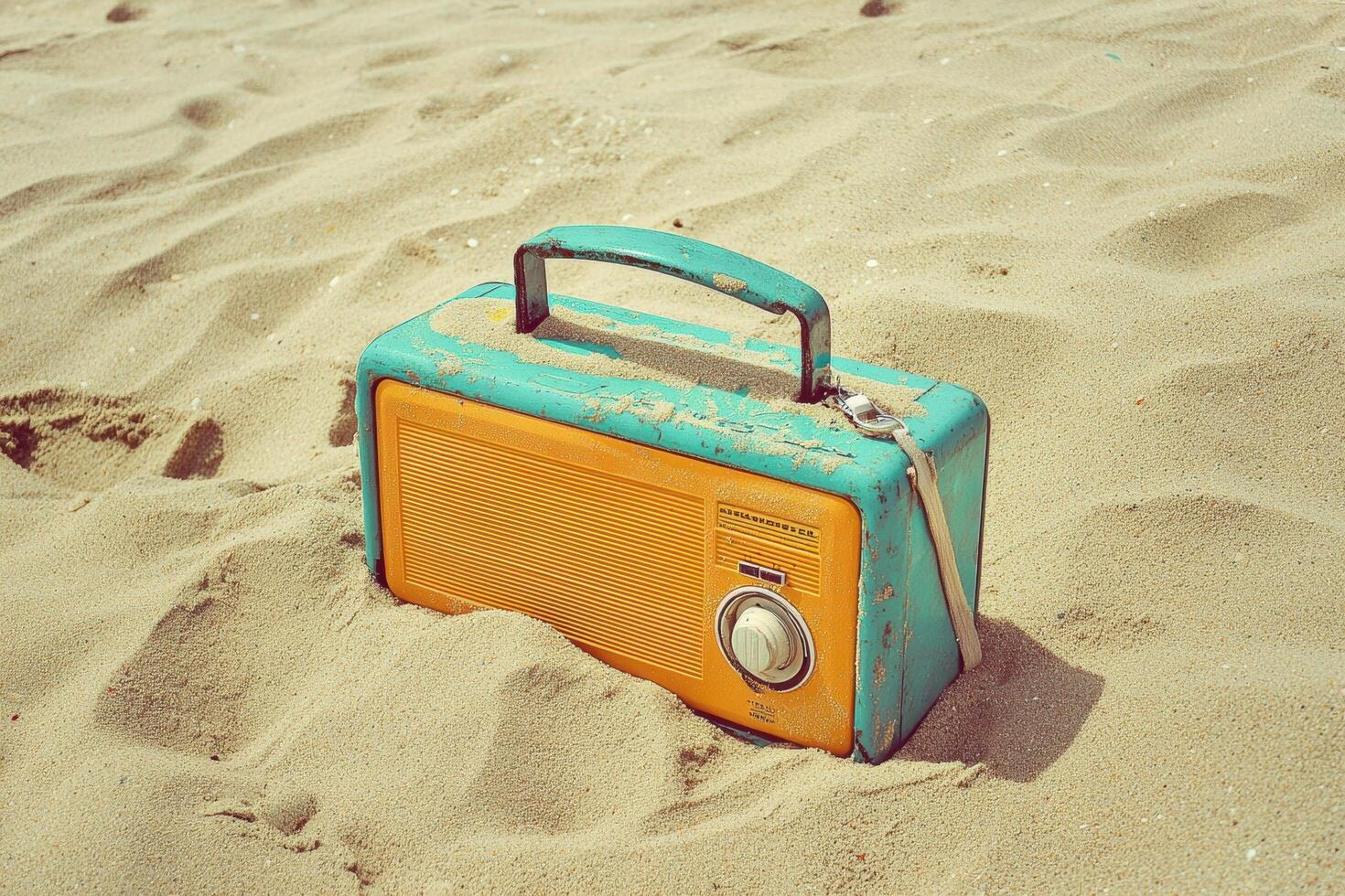 Vintage portable radio partially buried in sand on a sunlit beach in retro style photo