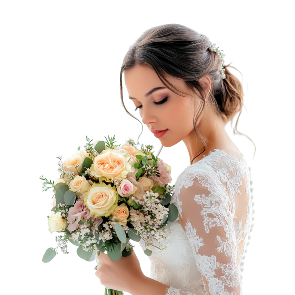 bride holding bouquet of flowers on transparent background png