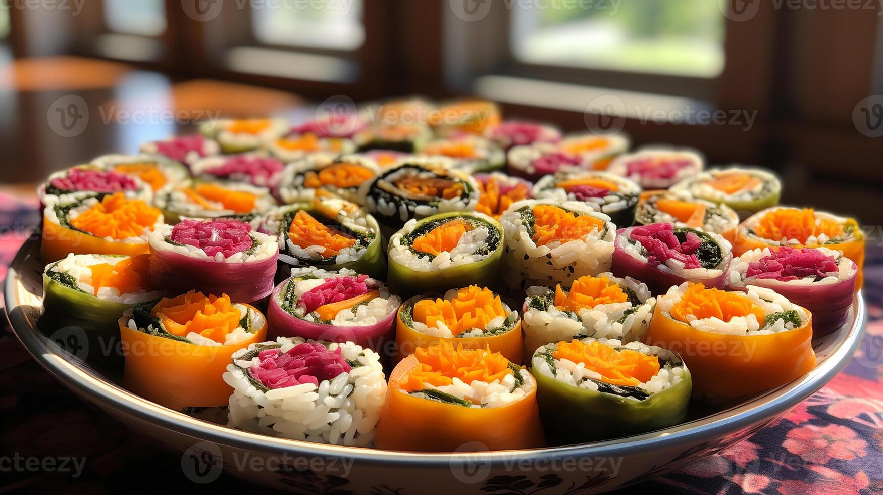 Japanese sushi set. Sashimi, maki rolls, and green tea. On plate over the background image. photo
