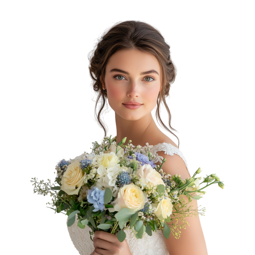 beautiful bride holding bouquet of flowers on transparent background png