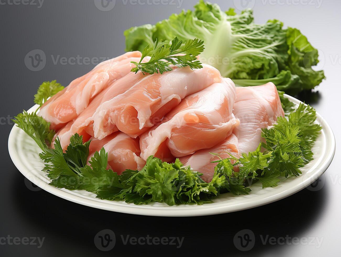 Fresh raw meat chops on a plate with leaf photo