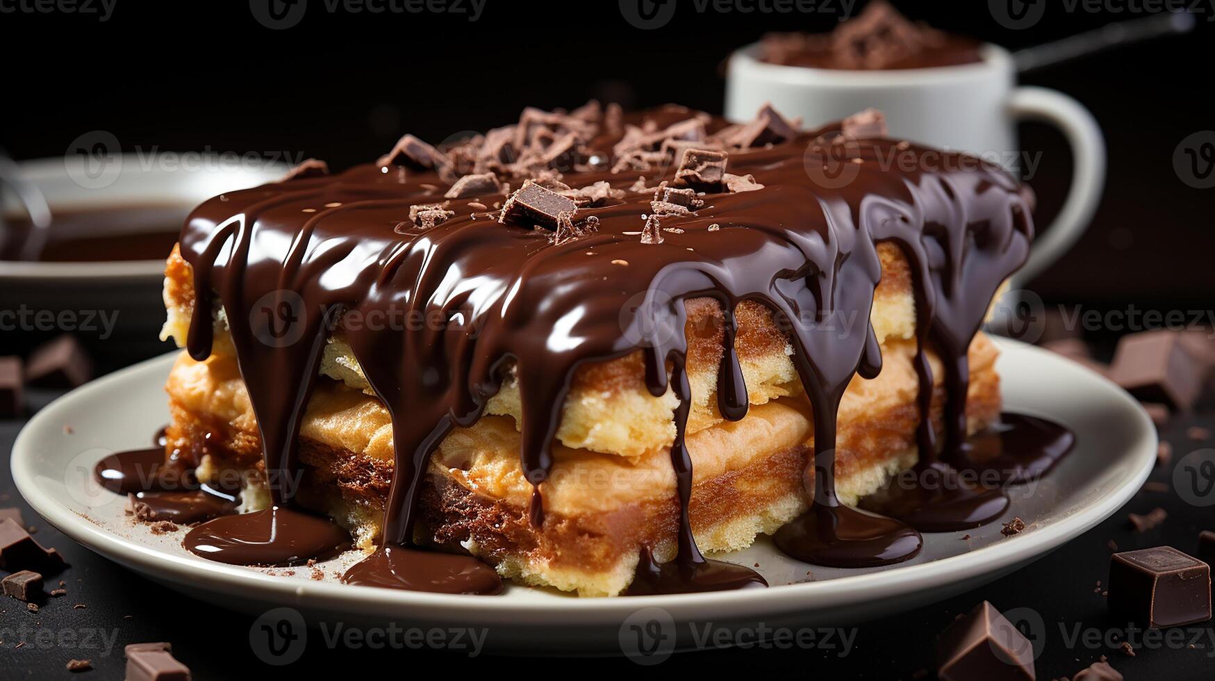 Chocolate spongy brownie cakes with walnuts and melted chocolate topping on a stack photo