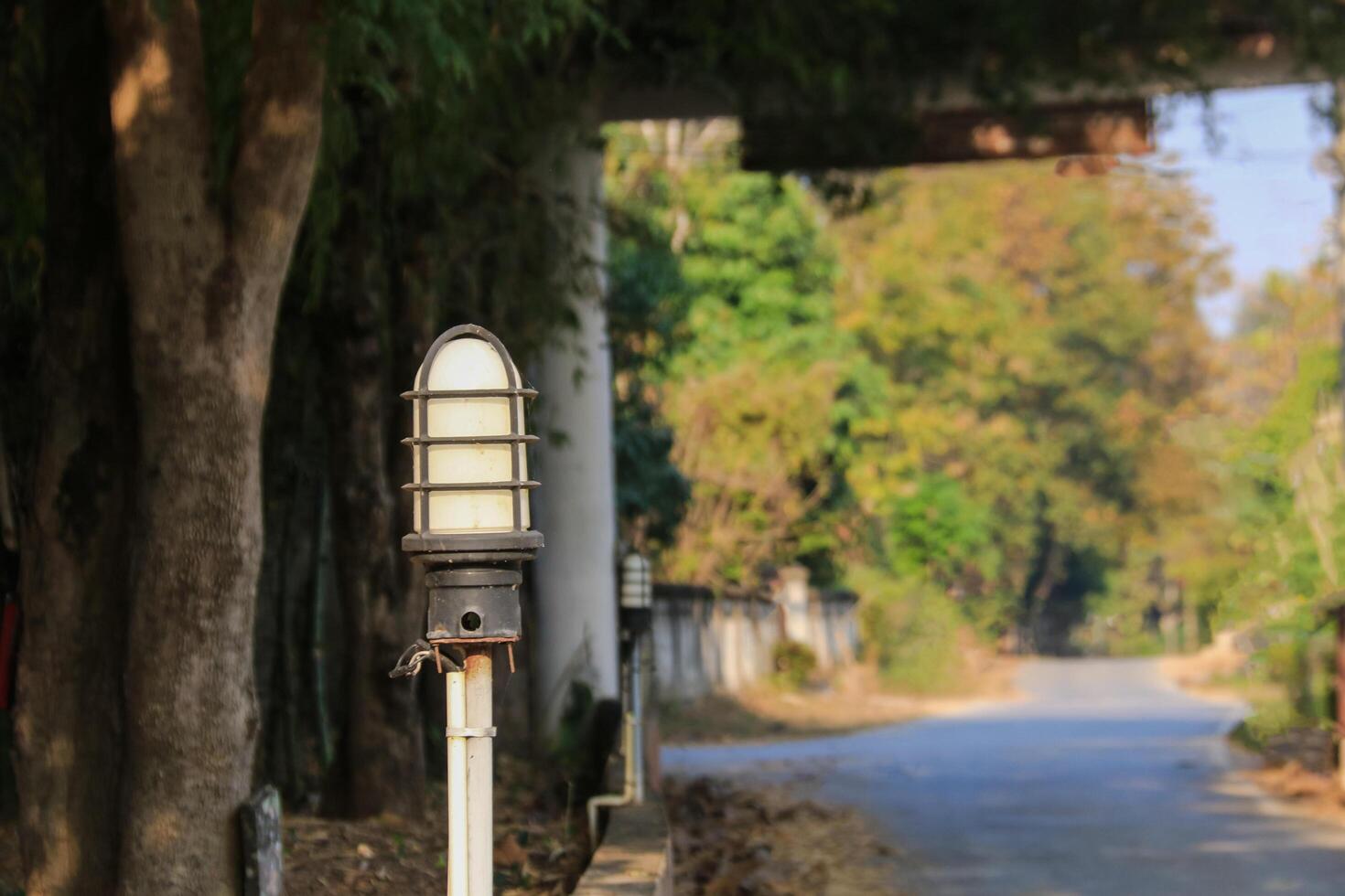 A compact street lamp mounted on a short metal pole provides essential lighting for roads and pathways. It enhances safety, visibility, and security in urban. photo