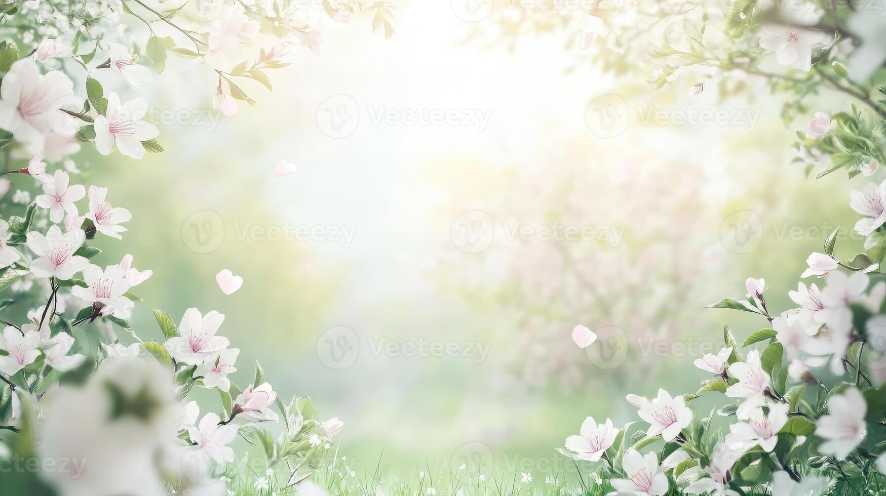 Tree with tender flowers in a green grass meadow on a spring Easter sunrise background. Spring blossom. Nature background with flowers. photo