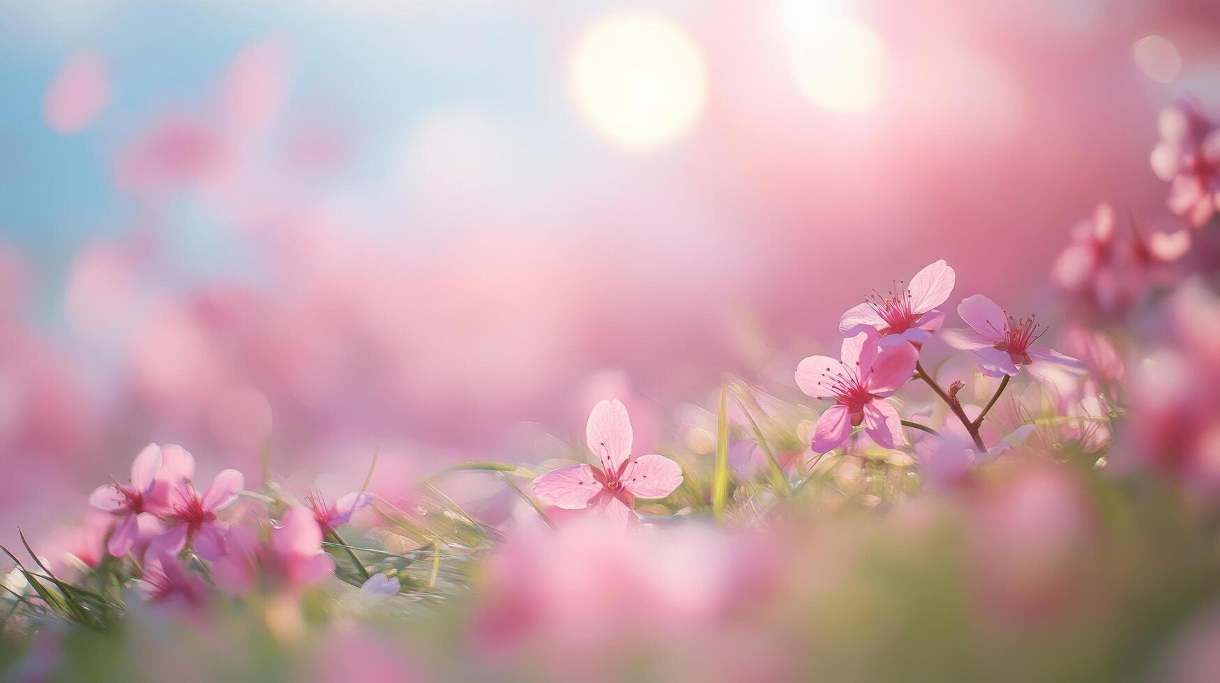 Cherry tree with tender flowers in a green grass meadow on a spring Easter sunrise background. Spring blossom. photo