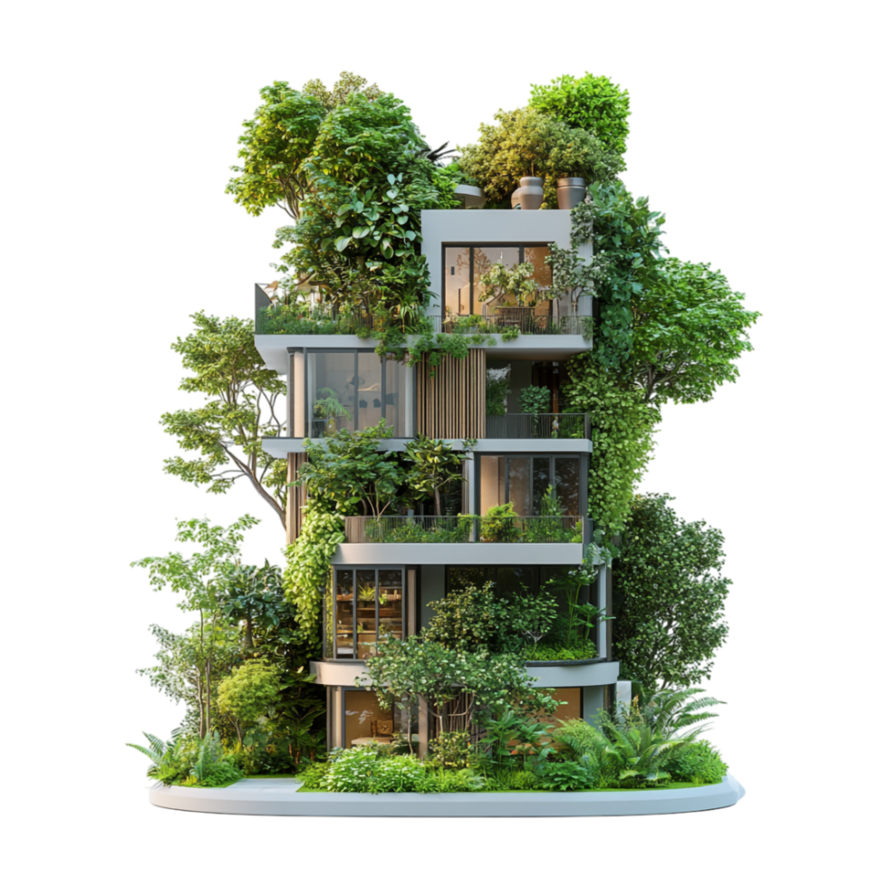 3d rendering of a modern house with trees and plants png