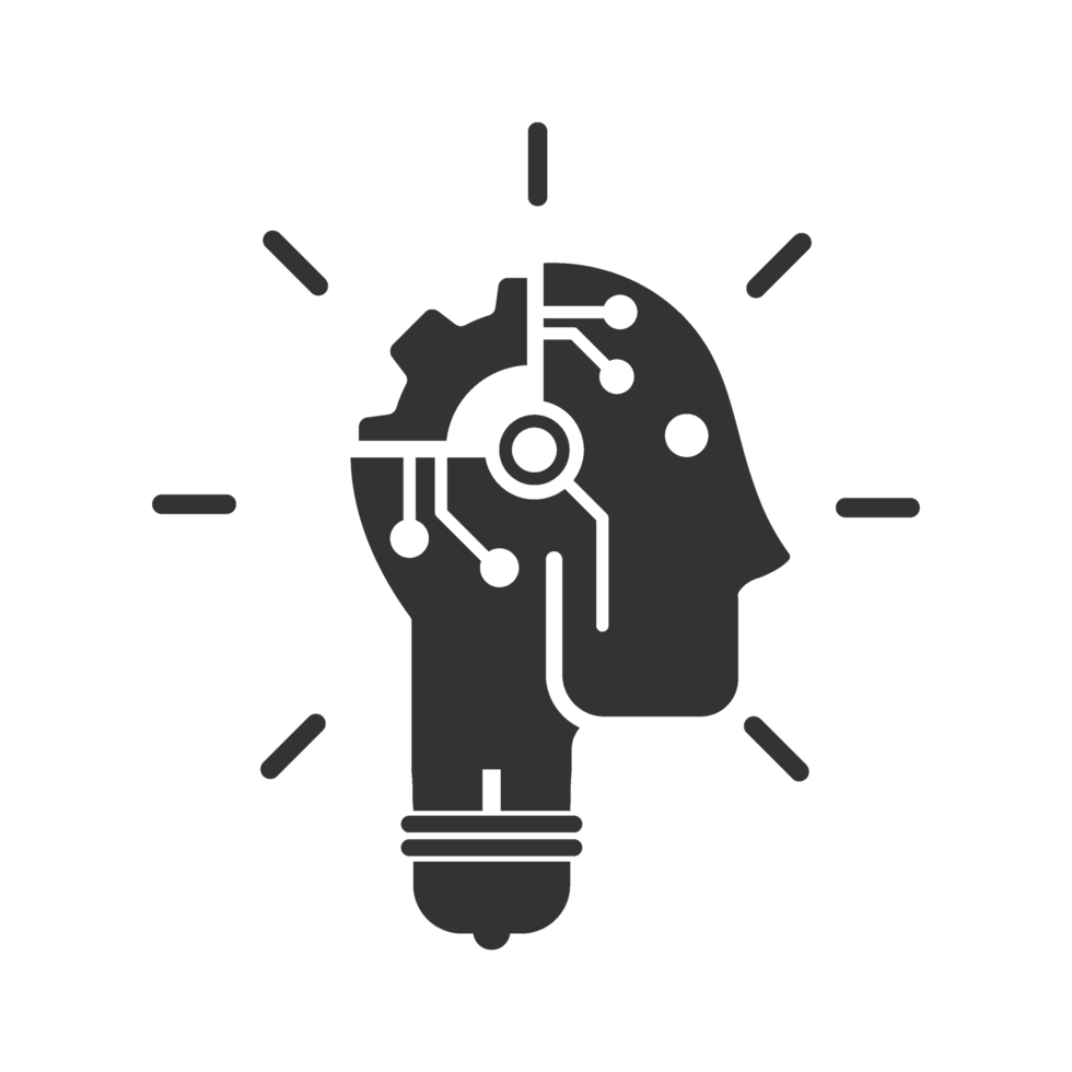 A black and white image of a head with a light bulb png