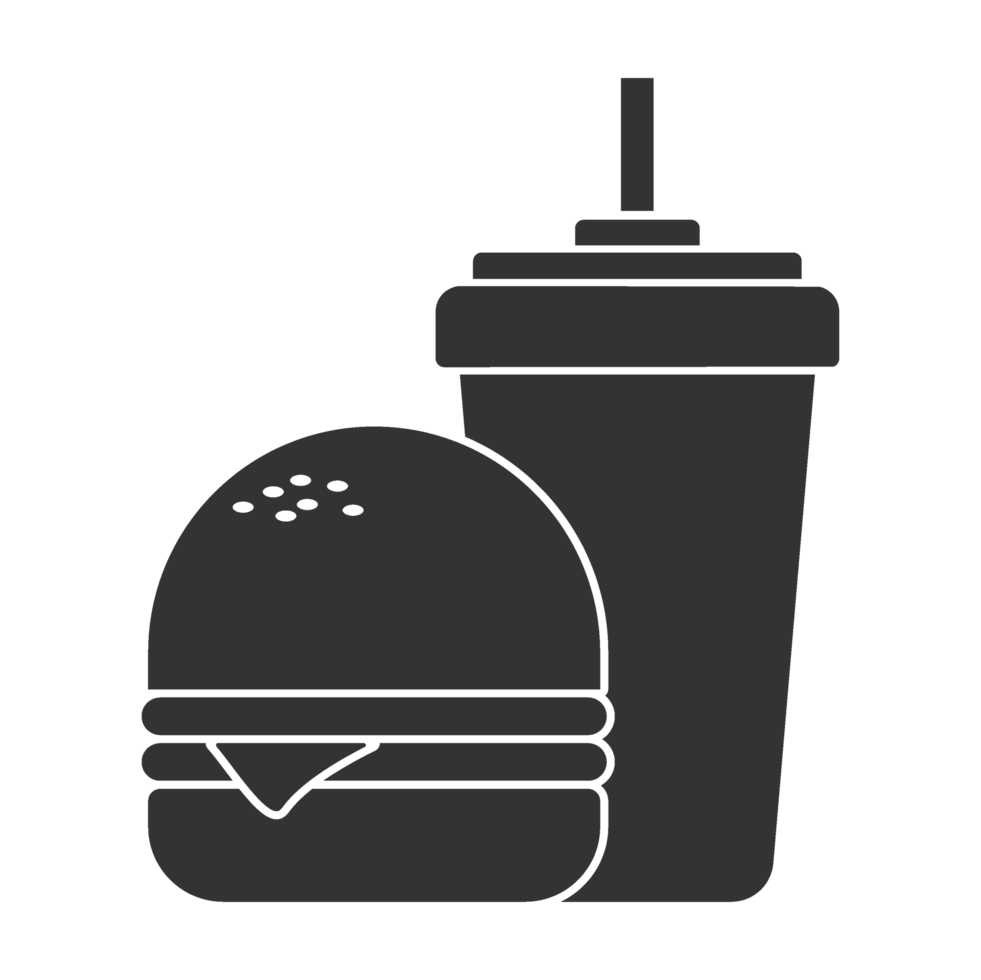A hamburger and a drink are shown in black png