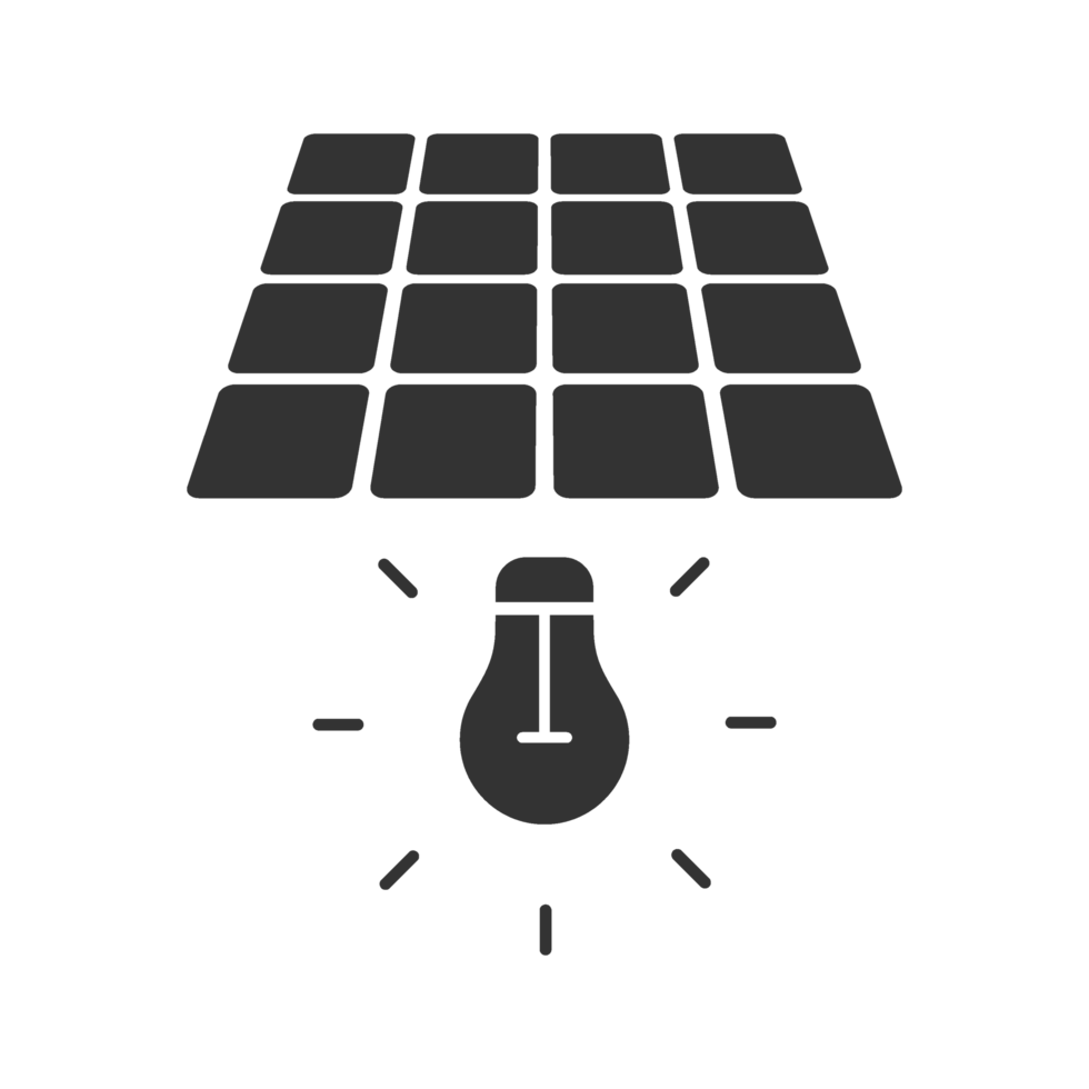 A black and white image of a solar panel and light bulb png