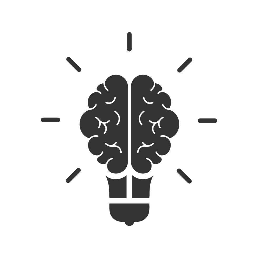 A black and white image of a light bulb with a brain inside png