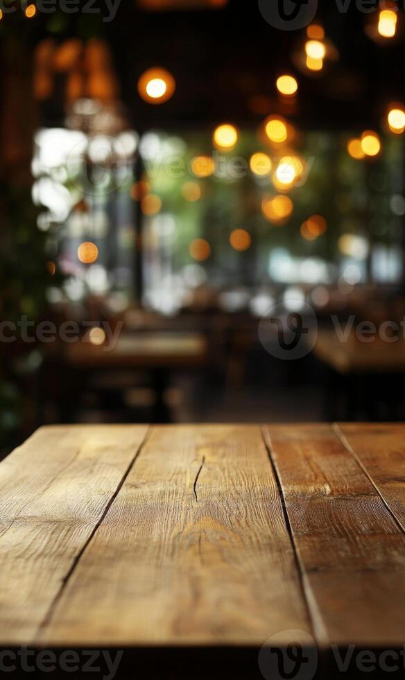 Inviting atmosphere with a rustic wooden table and bokeh lights for product display or restaurant background photo