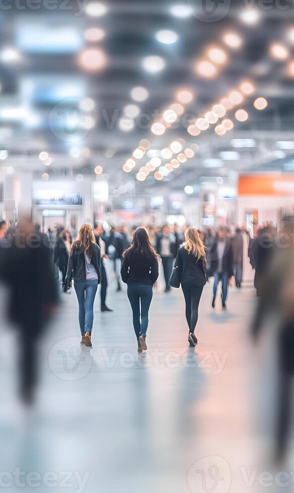 Anonymous crowd of people walking inside modern building representing busy urban life photo