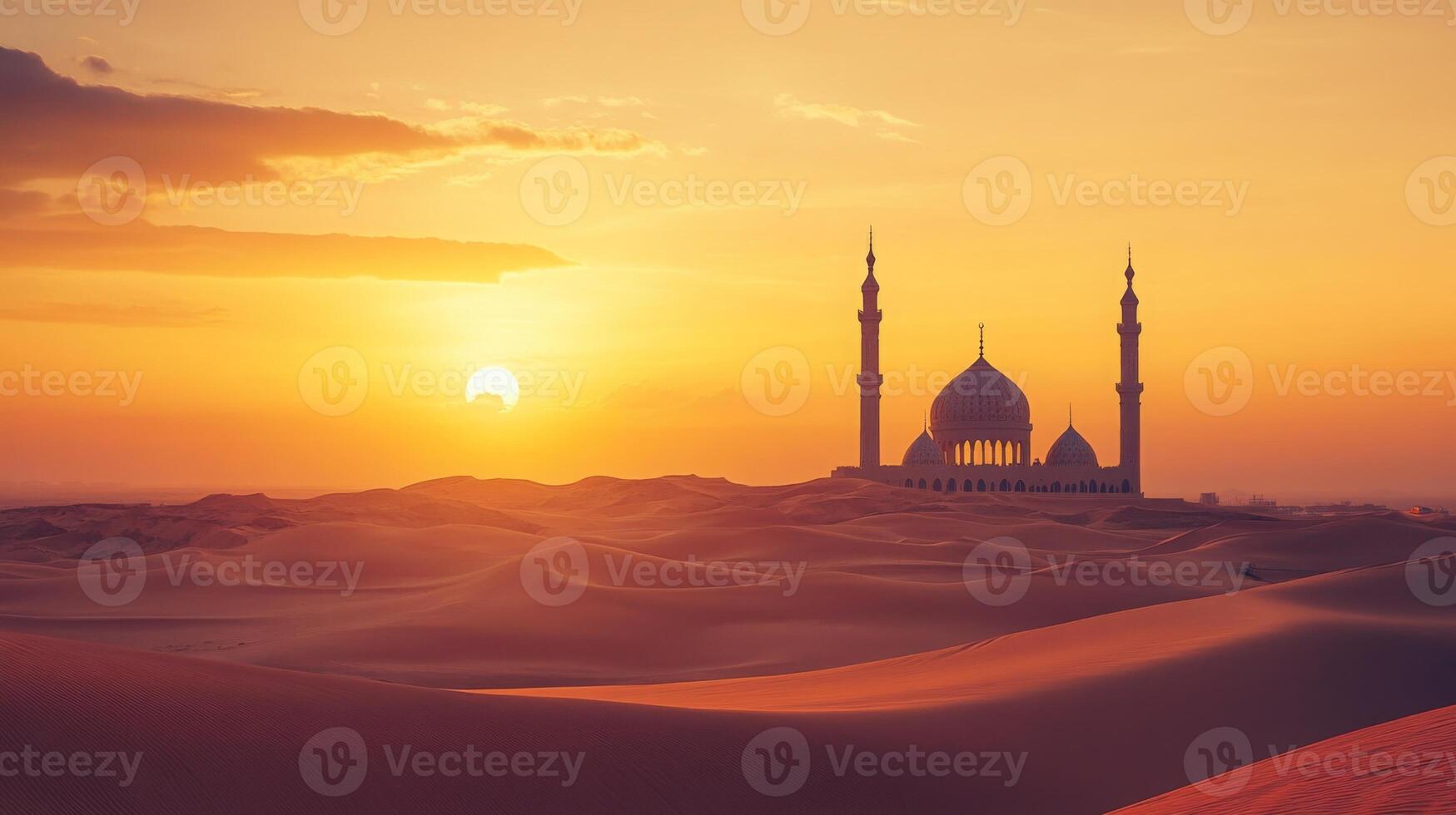 Golden desert sunset illuminates a majestic mosque, serene landscape evokes tranquility photo