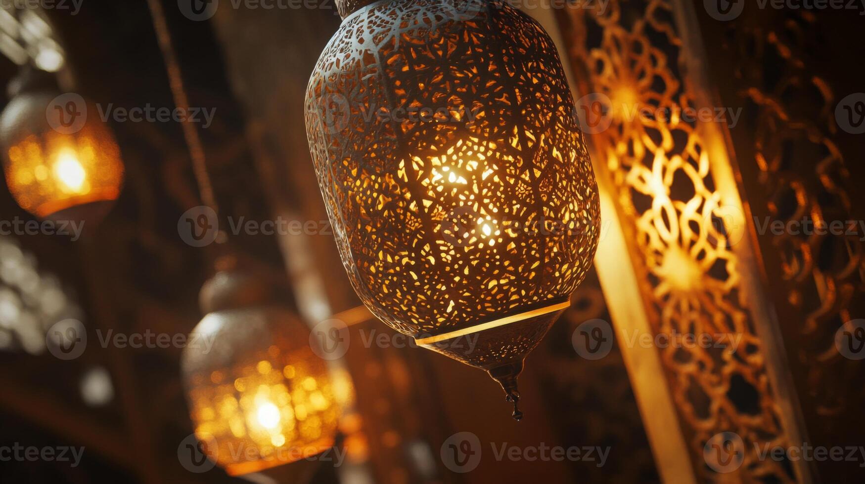Ornate metallic lamps casting warm light patterns, evoking oriental elegance and charm indoors photo