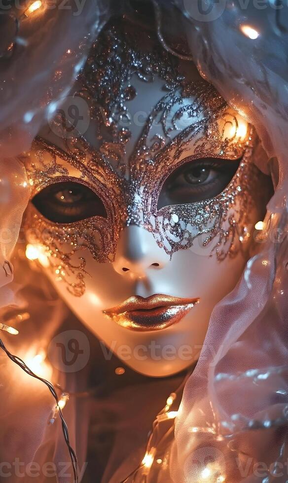 Mysterious masquerade mask with delicate silver details and an ethereal glow, a dreamy image photo