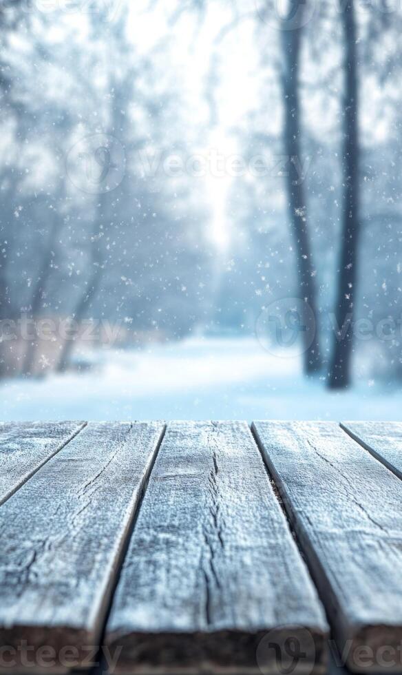 Inviting winter scene featuring a rustic wooden surface and a snowy forest backdrop beautifully blurred photo